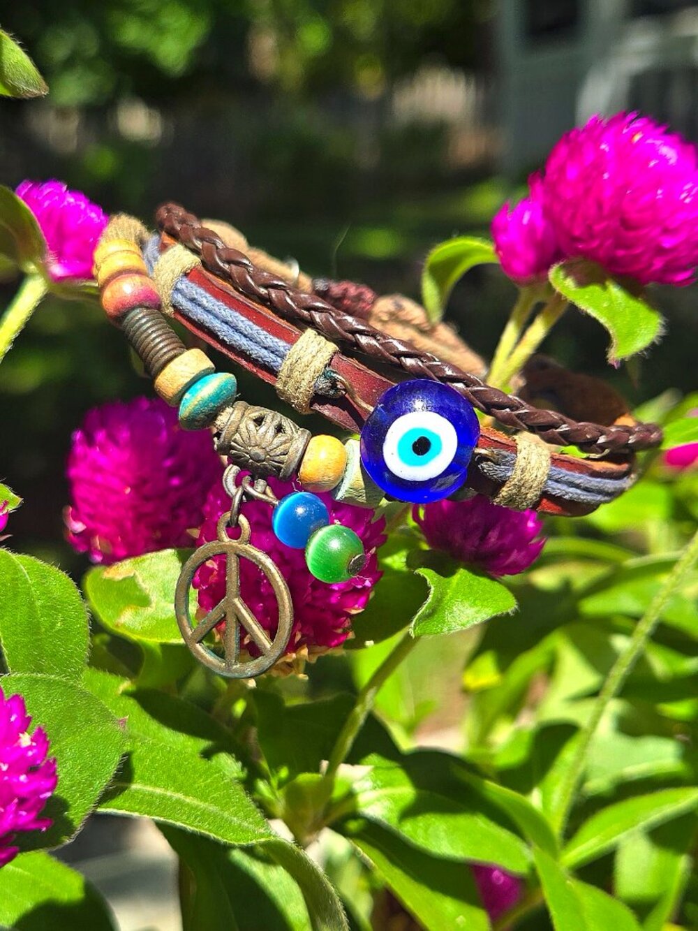 Handmade Leather Evil Eye Bracelet with Tiger Eye Beads, Peace Sign & Celestial